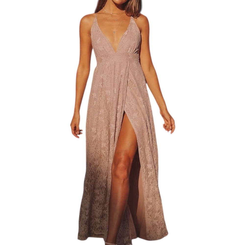 NWT Lulus Lace Up Back Lace Maxi Dress Deep V Neck High Slit‎ Blush Pink Size XS